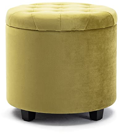 HNNHOME Sitzhocker mit Stauraum, Sitzwürfel mit Deckel, Sitztruhe, Fußbank Truhen Aufbewahrungsbox, Wolken Samt, 45 cm runder Massivholz, 45 L, 45 x 45 x 43 cm (gelb, Samt)