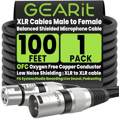 GEARit XLR Cables, Male to Female Microphone Cable 3-Pin Balanced Shielded Mixer XLR to XLR Cable for Recording Studio, Podcast, 100ft Black