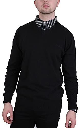 Enzo Moretti Jersey de punto con cuello en V para hombre, 100 % algodón con inserto de cuello de camisa falsa