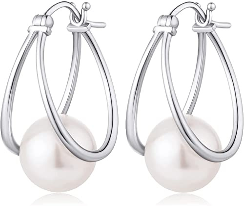 18 Karat Weiß Vergoldet Perlen Ohrringe Damen 10MM Süßwasserperlen 925 Sterling Silber Schmuck Geschenk für Damen