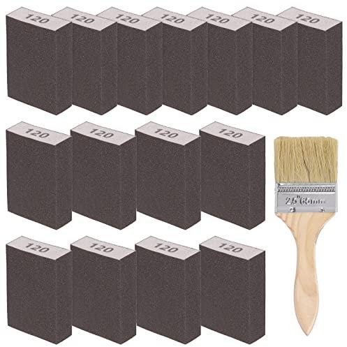 Glarks 16Pcs 120 Grit Sanding Sponge Kit 15Pcs 10x7x2.5CM Washable and Reusable Sanding Blocks and 1Pc Paint Brush Ideal for Wood Working, Drywall Metal Polishing