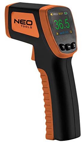 NEO TOOLS Thermomètre avec indice de protection IP44, distance de mesure 5-15 cm, température de fonctionnement 16-35 °C, plage de mesure 32-42,9 °C, précision de mesure 0,2 °C, boîtier ABS, écran
