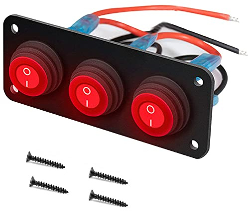 RUNCCI-YUN 12V/24V Schalter Panel, 3 Gang ，Auto Kippschalter Panel, Wasserdicht 3 Polig 2 Position Runden Wippschalter Kippschalter Panel mit Rot LED Licht für RV, Auto, Yacht, Marine