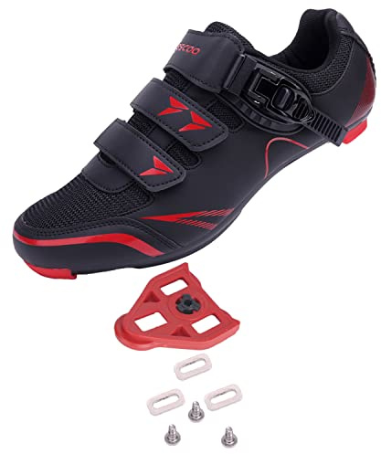 KESCOO Mens Womens Cycling Shoes Compatible with Peloton Bike Shoes and Delta Cleats Pre-Installed, Clip in Road Bike Riding Racing Biking Shoes Perfect for Indoor Outdoor - Black red, 44