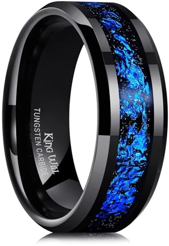 King Will Mens 8mm Black Tungsten Carbide Wedding Ring Blue Foils Inlay Tungsten Ring Beveled Edge Tungsten Ring 11