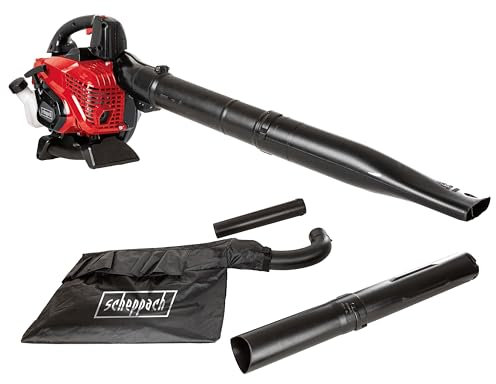 Scheppach Benzin Laubbläser LBH3500P 4in1 Laubsauger mit Easy Start | 2Takt Motor - 25,4cm³ & 1,2PS | hohe Luftgeschwindigkeit 295 km/h | Luftstromvolumen 790m³/h | 50L Fangsack, Saug- & Blasrohr