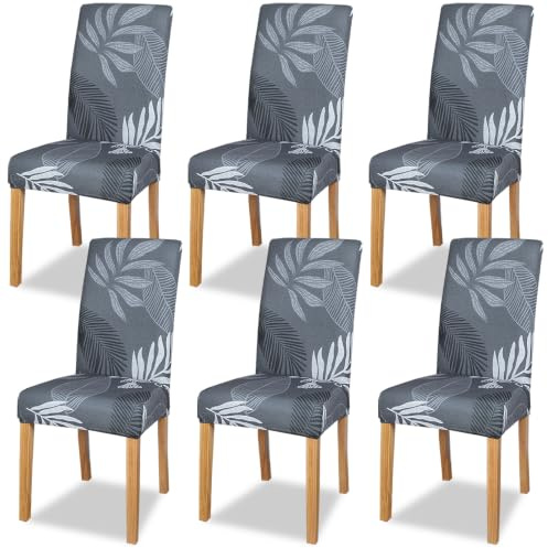 Meision Stuhlhussen 4 oder 6er Set Stretch Stuhlhussen Abnehmbare Waschbar Spandex Stuhlüberzug Stuhlbezug Stretch Universale für Hotel, Zeremonie, Bankett, Restaurant, Zuhause(6er Set, Graue Blatt)