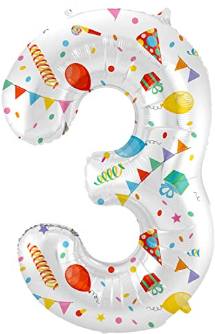 Folat 64173 ballong födelsedag siffra 3 glad fest vit med gåvor och dekoration 86 cm heliumdekoration födelsedagsdekoration, ballong nummer, färgglad