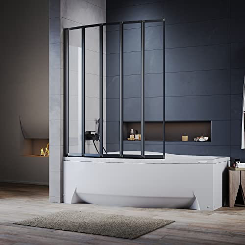 ELEGANT Black 5 Panel Folding Bath Shower Screen,1200mm Over Bath Shower Screen Door Toughened Safety Clear Glass Bathtub Door Pivot Swing Panel