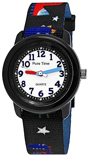 Pure Time® Kinder Uhr Jungenuhr Mädchenuhr Dinosaurier T-Rex Tier Armbanduhr Textil Armband Analoge Junge Mädchen Kinderuhr Textilarmband Schwarz Rot Blau Lern-Uhr
