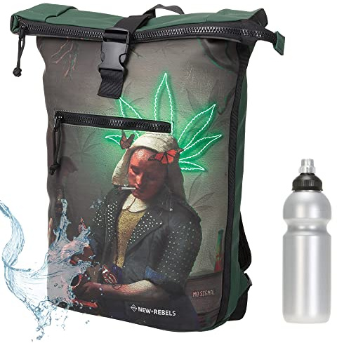 New Rebels Tim Bag Kurierrucksack Plane 51.1401 63 Green Ganja Art +f | Damen Herren Fahrradrucksack Sport Freizeit Fitness Reiserucksack Roll-Top