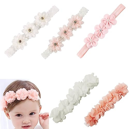 5 Stück Stirnband Baby Mädchen, Haarband baby Taufe, Blumenstirnband Baby, Blumenstirnband Kleine, Geeignet Für Babytaufenpartys, Geburtstagsfeiern, Hochzeitsfeiern, Heimfotografie, Weiß, Pink