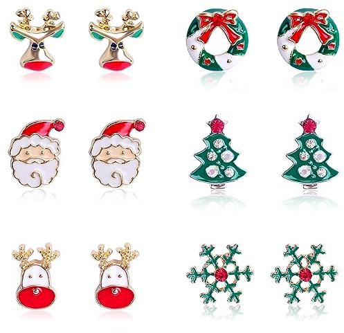 6 Paar Weihnachtsohrringe, FUKPO Weihnachtsohrringe Damen Kinder Mädchen Ohrstecker Weihnachten Set, Ohrringe Weihnachten Schneeflocke Rentier Weihnachtsmann Weihnachtsbaum Weihnachts Ohrringe