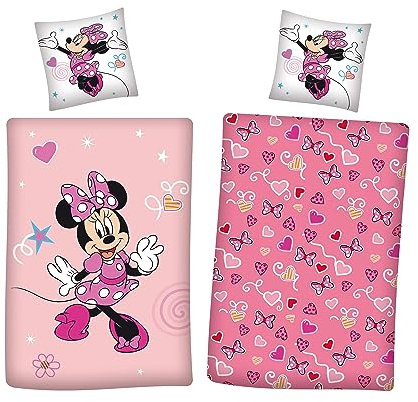 Familando Bettwäsche für Mädchen mit Minnie Mouse Motiv Biber-Bettwäsche Set für Winter 135x200 + 80x80 cm aus 100% Baumwolle · Rosa Bettwäsche mit Herzen und Schleifen für Mädchen