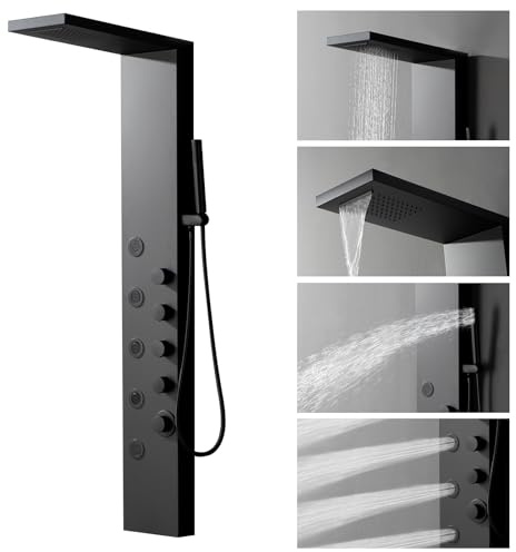 BWE Rainfall Waterfall Shower Panel Tower System Stainless Steel Bathroom Shower Panel with 5 Massage Body Jets Sprays and Handheld Shower, Matte Black