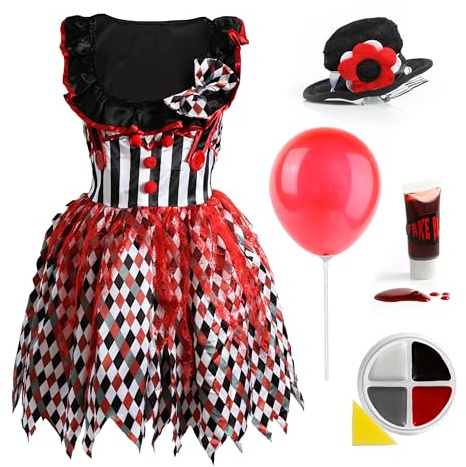 Damen Deluxe Killer Clown Kostüm - Clownkleid, Rote Clownperücke, weiße Handschuhe, roter Ballon mit Stab, Gesichtsfarbe, Kunstblut - Erwachsene TV-Film Halloween Faschingskostüm