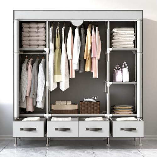 Anmas Power Kleiderschrank,Schlafzimmer Stoffschrank,Kleiderstander mit Schubladen,Faltbar Garderobe mit 2 Kleiderstange