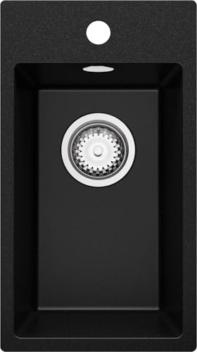 PRIMAGRAN Spülbecken ab 30er Unterschrank + Ablauf-Set, 28x50cm | Set: Ablauf-Set (Siphon, Ablaufgarnitur, Überlauf) + Granitspüle 1 Becken - Riga, Schwarz