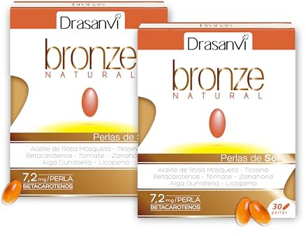 Drasanvi BRONZE Acelerador de bronceado, Betacarotenos, Protege la Piel de Rayos UVA y Previene el Envejecimiento, Rosa Mosqueta, Tomate, Zanahoria y Alga Dunaliella, Vit. E, Licopeno, Luteína