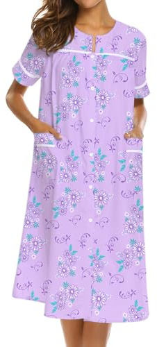 Ekouaer Camisones para mujer, vestido de casa con bolsillos, con botones, abrigo de casa, de manga corta, vestidos de noche, plumero, Moo Moos