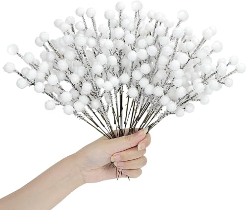 24 púas artificiales de bayas blancas en aerosoles de nieve, tallos de bayas de acebo esmeriladas, ramas de invierno para rellenar árboles de Navidad, decoración de vacaciones, coronas, guirnaldas,