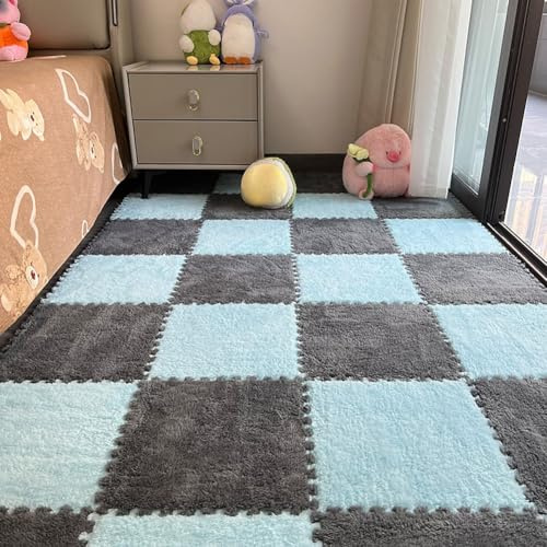 12pcs Carpet Squares Puzzle Floor Mat, Plush Interlocking Carpet Tiles, Anti Slip EVA Foam Jigsaw Floor Tiles, Build A Safe Area for Bedroom Playroom (Blue+Grey)