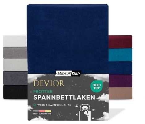 Devior Frottee Winter Spannbettlaken, Navyblau, 90x200–100x200 cm – Kuscheliges Frottee Bettlaken 160 g/m² aus Baumwolle für Matratzen bis 22 cm Höhe – Oeko-TEX Made in Green Zertifiziert