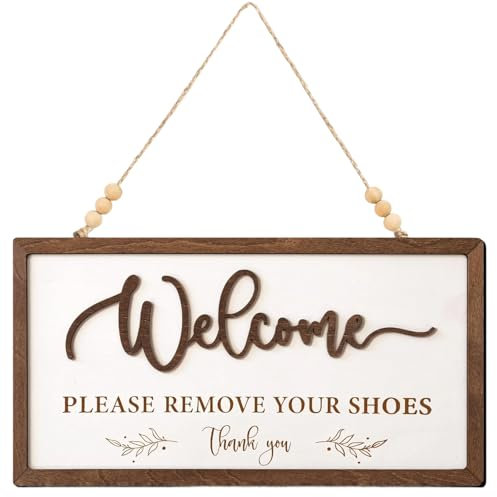 Wooden Welcome Please Remove Your Shoes Sign Wooden Bead Hanging Shoes Off Sign for Door House Decor Warm Reminder Entryway Plaque for Home Decor 11″ × 5.9″