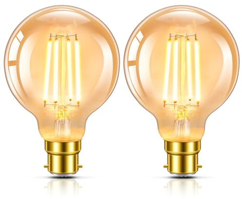 Morotty B22 Vintage LED Light Bulbs 6W,G80 Globe Light Bulbs Bayonet Cap,Decorative Light Bulb,600lm,60W Equivalent,Warm White 2200K,LED Filament,Pack of 2