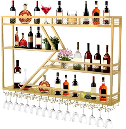 SPTZQURY Portabottiglie da Parete, 3 livelli multifunzione Espositore Portabottiglie per Vino con Guardrail, Porta bottiglie di vino da parete con supporto in vetro (oro, 3 livelli, 300cm)