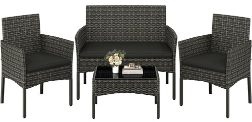 Yaheetech 4-Piece Rattan Conversation Set, Sofa & Glass Table, Grey | Outdoor Handwoven Wicker | PE Rattan Sofa with Soft Cushions | 2 Chairs & Tempered Glass Table | For Yard, Poolside & Garden