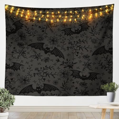 Loussiesd Happy Halloween Wandteppich 175x230cm Horror Theme Wandkunst Decor Fledermaus Blume Wandtuch Botanical Dark Black Tapisserie