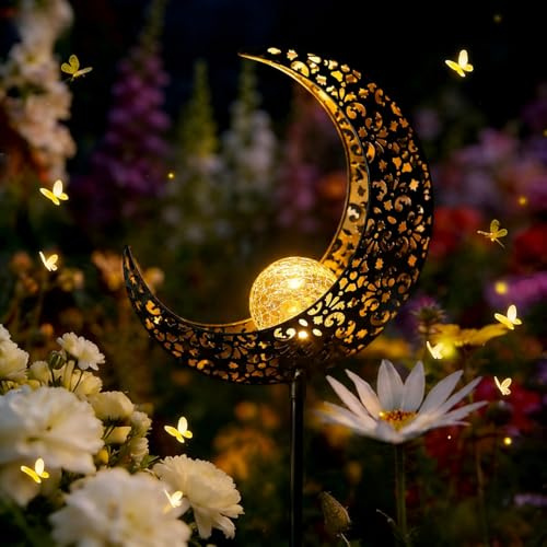 YeahBoom Lampes solaires de jardin en forme de lune, lampes solaires de jardin pour l'extérieur, lampe solaire pour balcon, lampe solaire étanche en forme de lutin/fée des fleurs, lampe solaire pour