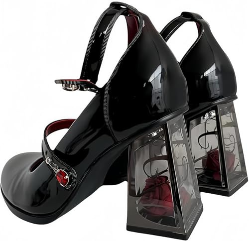 Damers patentläderplattform Mary Janes klänning pumps gotisk låga tjocka klackskor söt Lolita, stängd tå ankel justerbar rem, Rosa svart, 38 EU