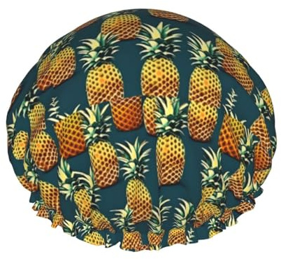 Duschhaube, Retro-Ananas-Druck, doppellagig, wasserdicht, für Damen und Herren, wiederverwendbar, elastisches Band