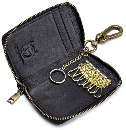 Men's Zipper Key Organizer Rfid Wallet with 6 Hooks Leather Key Holder Case (Black)
