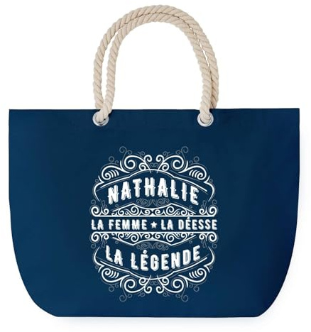 Sac de Plage Bleu avec Anse Corde Nathalie Déesse Légende – Toile de Coton – Grand Sac de Transport, Sport, Courses & Travail – Idée Cadeau Original Collègue, Anniversaire ou Départ Retraite