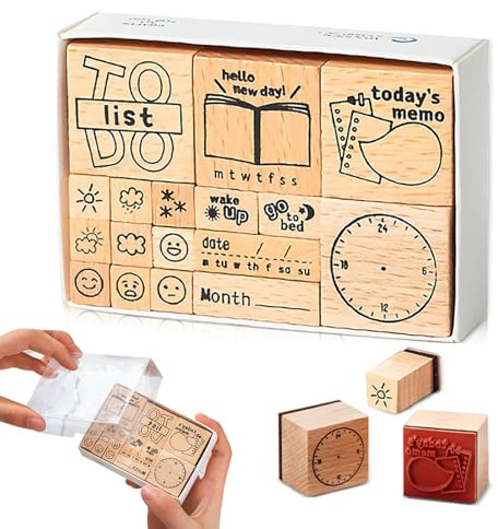 17 Stück Lehrerstempel Grundschule, Stempel Schule Holzstempel mit Wochentagen und Monatszahlen Motivstempel Holz Lehrer Stempelset für Scrapbooking Handcraft