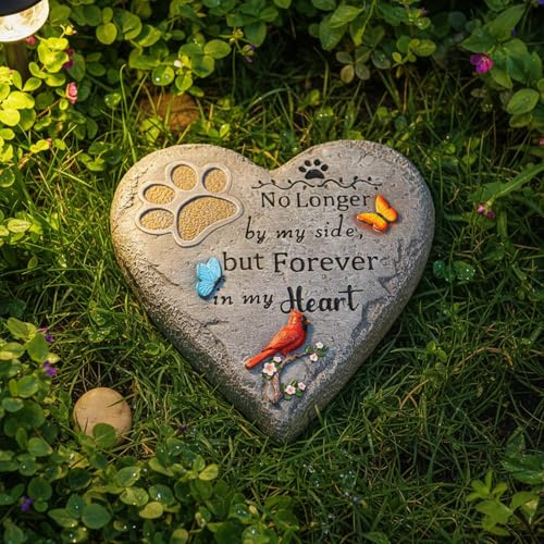 YHSOLAR Pet Memorial Stone for Cats Dog Remembrance Gift with Paw Print, Cardinal & Butterfly, Pet Grave Markers Heart-Shaped Resin Dog Loss Sympathy Gift 6 inch