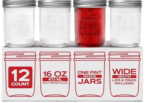 FORJARS® Premium Mason Jars with Lids – 16oz | Wide Mouth Canning Jars | 12-Pack Glass Jars for Jam, Jelly, Pickling, Food Storage, Freezer Safe, Airtight Bulk Set