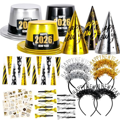 Atonofun 2026 New Years Eve Party Supplies for 24 Guests, 60 Pcs New Year Eve Party Hats and Horns, Headband, Tattoos, Blowouts 2026 New Year Party Favors