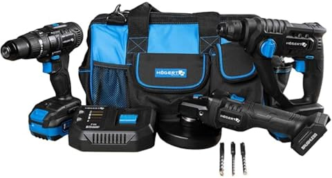 HÖGERT TECHNIK - Batteridriven elverktygssats 18 V slagborrhammare SDS+ vinkelslip 125 mm 2 x 4 Ah batterier 4 A laddare verktygssats