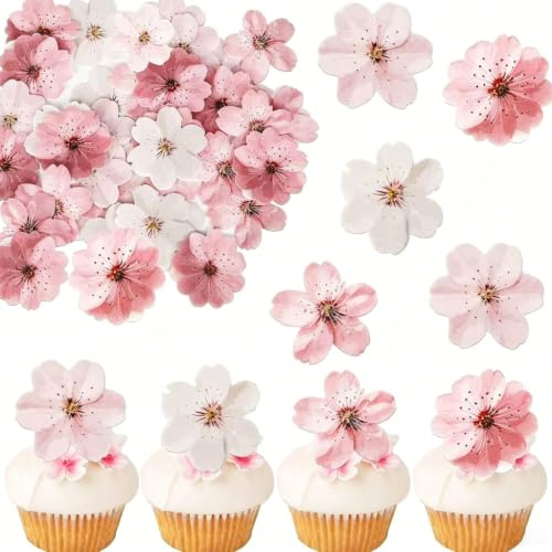 Fleurs Comestibles Décoration Gâteau 50Pcs, Fleurs de Cerisier en Papier de Riz Gluant, Décoration Gâteau Anniversaire, Mariage, Fête Printanière, Décorations Florales pour Cupcakes, Rose et Blanc