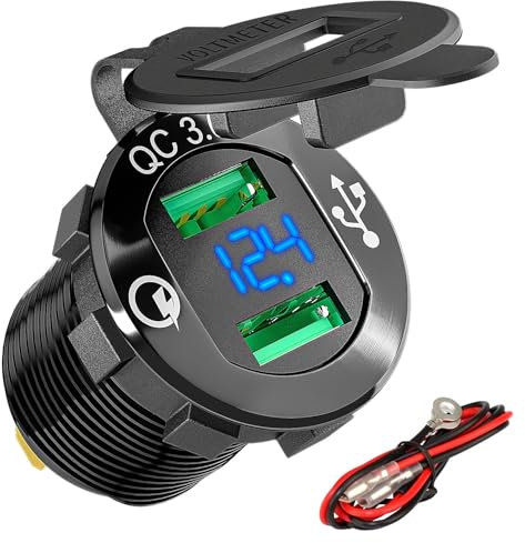 DaierTek Quick Charge 3.0 Dual USB Charger Socket Aluminum Waterproof Power Outlet Fast Charge with Blue LED Voltmeter & Wire Fuse for 12VDC/24VDC Car Boat Marine ATV Truck