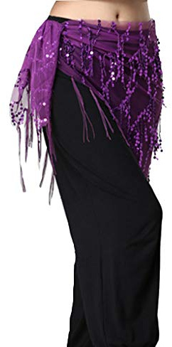 Lauthen.S Women Belly Dance Hip Scarf, Sequin Tassels Triangle Tribal Wrap Skirt Waist Chain Purple
