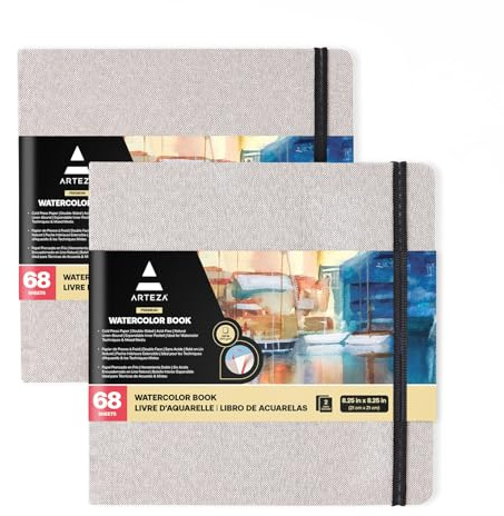 ARTEZA Watercolor Sketchbooks, Pack of 2, 8.25 x 8.25 Inches, 68 Pages Each, 110 lb / 230 GSM, Cold Press, Dual-Sided, Acid-Free Linen-Bound Hardcover Books for Watercolor and Mixed Media