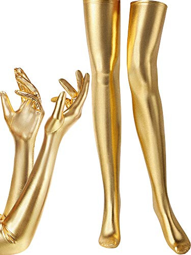 Women's Costume Set Elastic Spandex Shiny Wet Long Gloves and Wet Look Thigh High Stockings