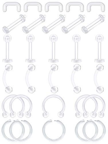 D.Bella 16G Clair Piercing Bijoux de Corps Acrylique Retenues Flexibles Cartilage en plastique Helix Daith Rook Tragus Piercing Septum Nasal Lèvres Sourcils Anneaux Mix Retainers Set