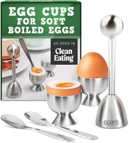 Eparé German Egg Cracker Set - Egg Cups for Soft Boiled Eggs - Stainless Steel Egg Topper Cutter - Spoons & Holder for Hard Boiled Eggs