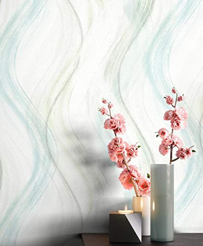 NEWROOM Tapete Grün Vliestapete Wellen - Mustertapete Grafisch Blau Weiß Linien Muster Grafiktapete Modern Geschwungene Linien inkl. Tapezier-Ratgeber